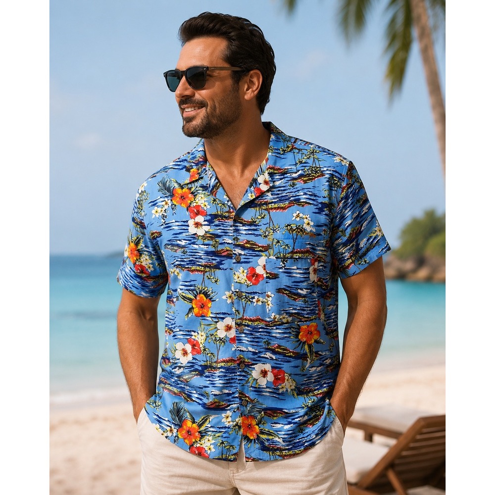 George Mens XL Blue Tropical Hibiscus Palm Island Rayon Aloha Camp Shirt